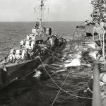 Allen M. Sumner class destroyer USS Drexler (DD-741) at sea being refueled by the aircraft carrier USS Bon Homme Richard (CV-31) in the Caribbean Sea, 19 February 1945.
